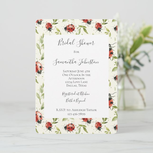Invitación Red Green Leaves Ladybugs Bridal Shower (Anverso de pie)
