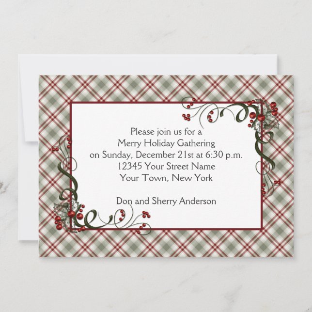 Invitación Red Green Plaid Holly Berries Ribbon (Anverso)
