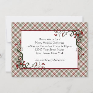 Invitación Red Green Plaid Holly Berries Ribbon