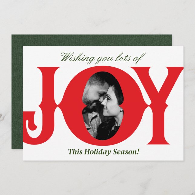 Invitación Red & Green White Holiday JOY Photo Christmas Card (Anverso / Reverso)