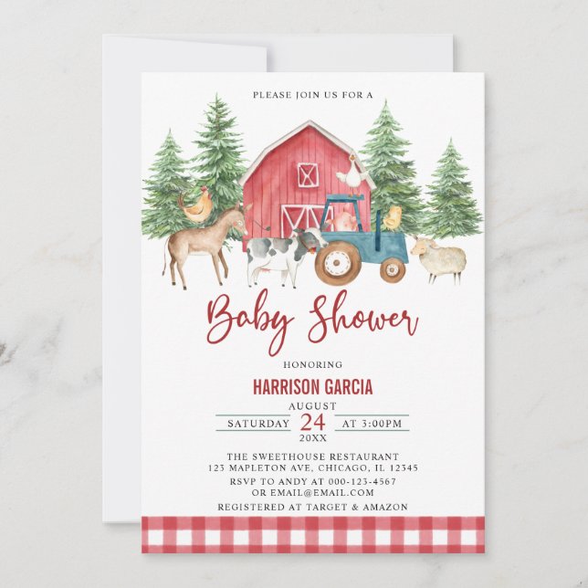 Invitación Red Greenery Barnyard Farm Animals Baby Shower (Anverso)