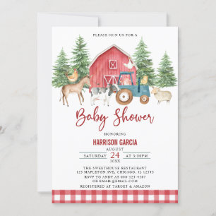 Invitación Red Greenery Barnyard Farm Animals Baby Shower