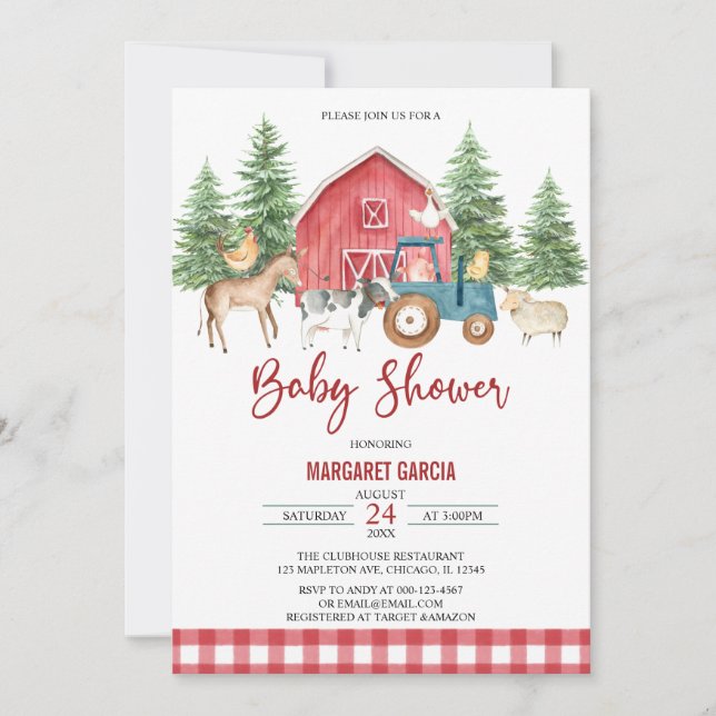 Invitación Red Greenery Barnyard Farm Animals Baby Shower (Anverso)