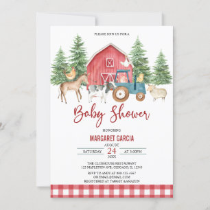 Invitación Red Greenery Barnyard Farm Animals Baby Shower