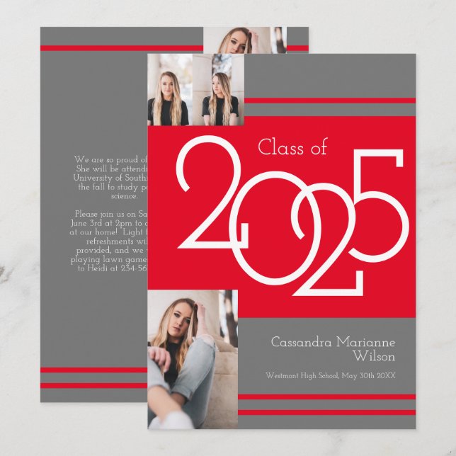 Invitación Red Grey School Colors Graduation Announcement (Anverso / Reverso)