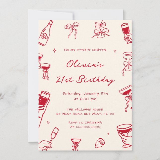Invitación Red Hand Drawn Adult Birthday Party (Anverso)