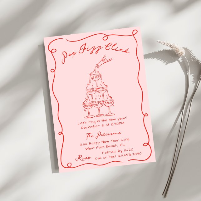 Invitación Red Hand Drawn Champagne Tower New Years Eve Party (Subido por el creador)