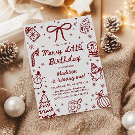 Invitación Red Hand Drawn Christmas Merry Little Birthday