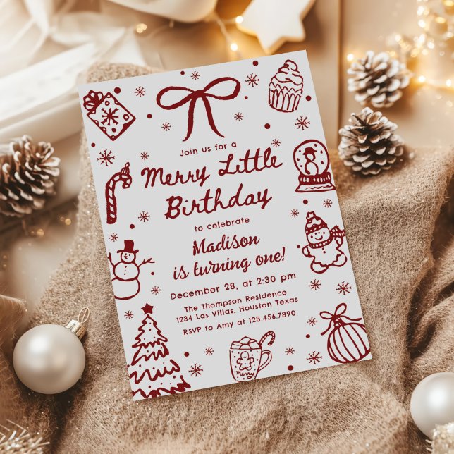 Invitación Red Hand Drawn Christmas Merry Little Birthday (Subido por el creador)