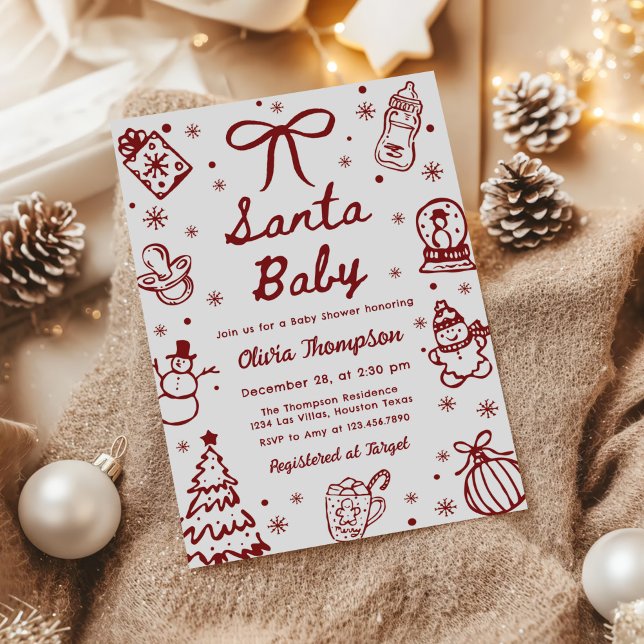 Invitación Red Hand Drawn Christmas Santa Baby Shower (Subido por el creador)