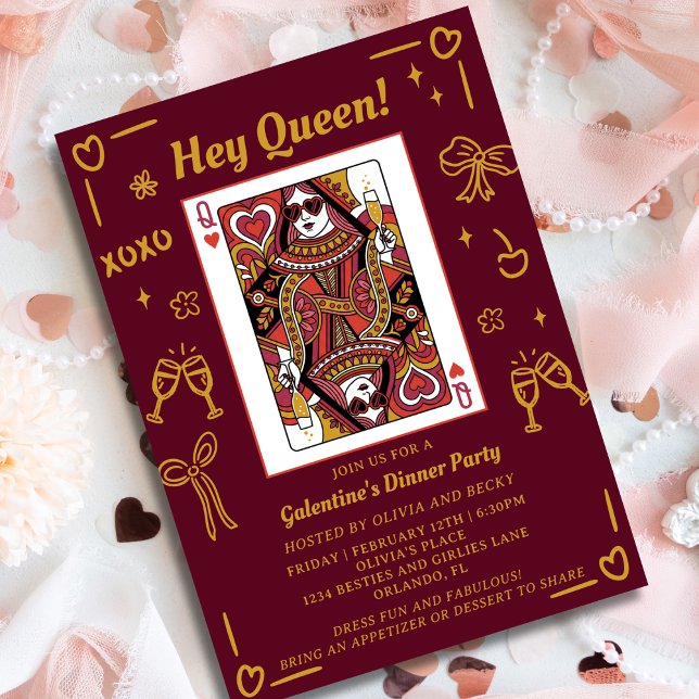 Invitación Red Hand Drawn Queen Of Hearts Galentine's Party (Subido por el creador)