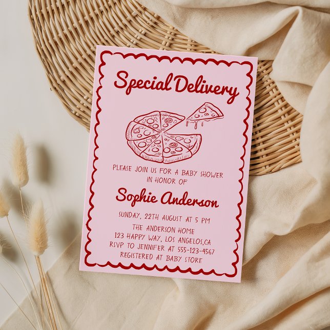 Invitación Red Hand Drawn Special Delivery Pizza Baby Shower (Subido por el creador)