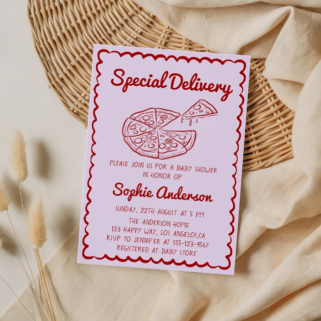 Invitación Red Hand Drawn Special Delivery Pizza Baby Shower (Subido por el creador)