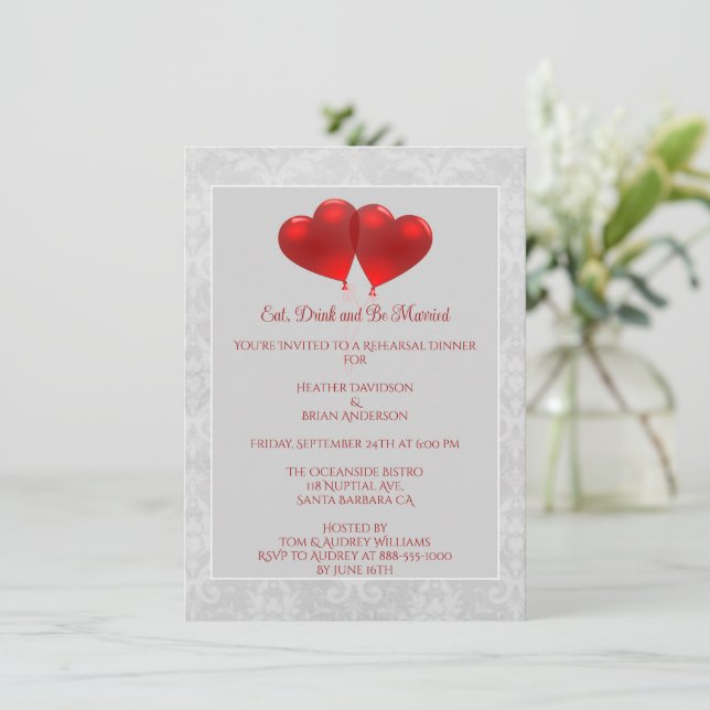 Invitación Red Heart Balloons Rehearsal Dinner Invitation (Anverso de pie)