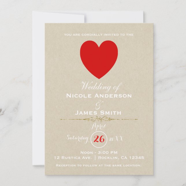 Invitación Red Heart Brown Kraft Valentine Boda moderno (Anverso)