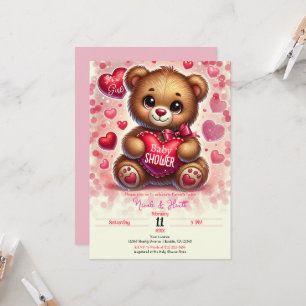 Invitación Red Heart Valentine Teddy Bear Baby Shower