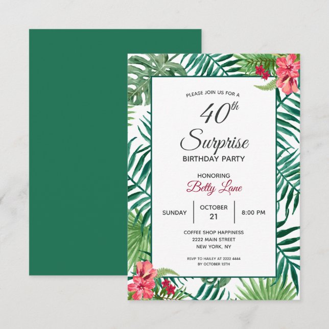 Invitación Red Hibiscus 40th Birthday (Anverso / Reverso)