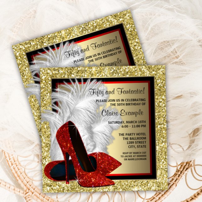 Invitación Red High Heel Shoel Cualquier fiesta de cumpleaños (Elegant red, black and gold high heel shoe any event invitation. All text can be changed.)