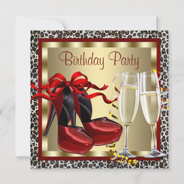 Invitación Red High Heel Shoes Red Leopard Cumpleaños (Anverso)