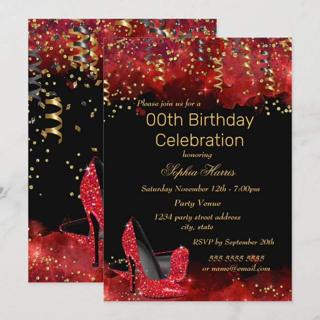 Invitación Red High Heels Gold purpurina Negro fiesta de cump (Anverso / Reverso)