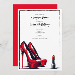 Invitación Red High Heels & Lipstick Lingerie Shower Cumpleañ