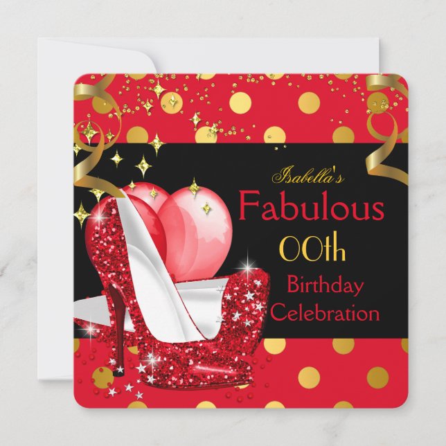 Invitación Red High Heels Shimmer Gold Birday Party (Anverso)