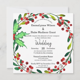 Invitación Red Holly Berries Green Wreath White Boda