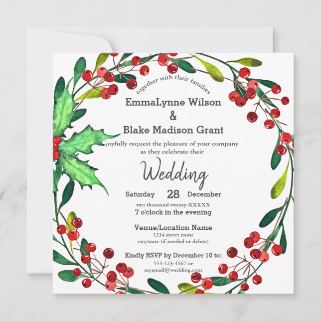 Invitación Red Holly Berries Green Wreath White Boda (Anverso)