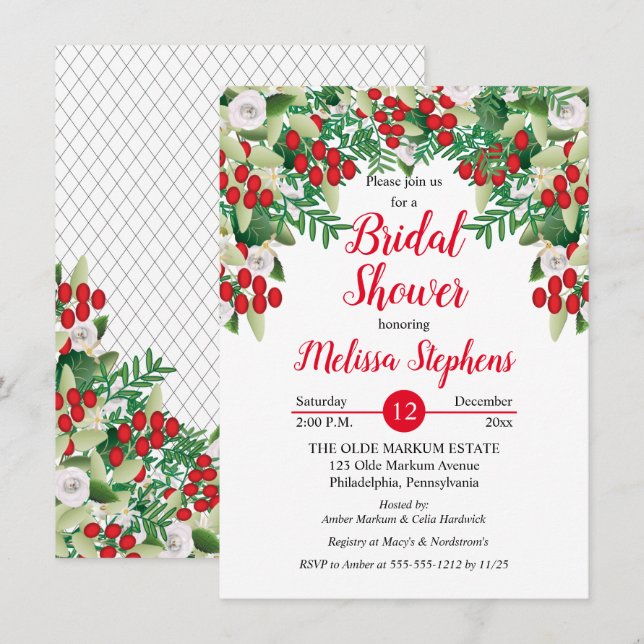 Invitación Red Holly Berries | Rosas Floral Bridal Shower (Anverso / Reverso)