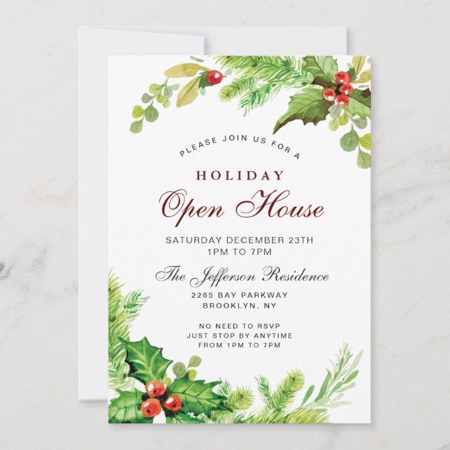 Invitación Red Holly Berry Navidades Holiday Open House (Anverso)