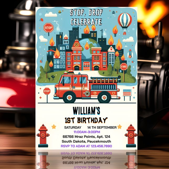 Invitación Red Hot Fire Truck Engine Safety 1º cumpleaños (Subido por el creador)