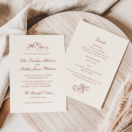 Invitación Red Illustrated Swans Whimsical All in One Wedding