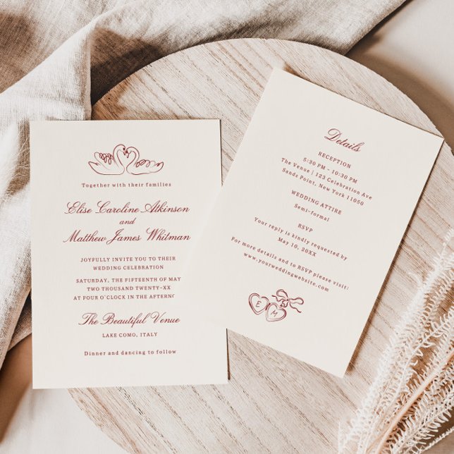 Invitación Red Illustrated Swans Whimsical All in One Wedding (Subido por el creador)