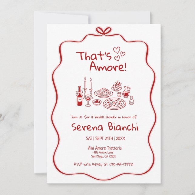 Invitación Red Italian Pasta and Pizza Doodles Bridal (Anverso)
