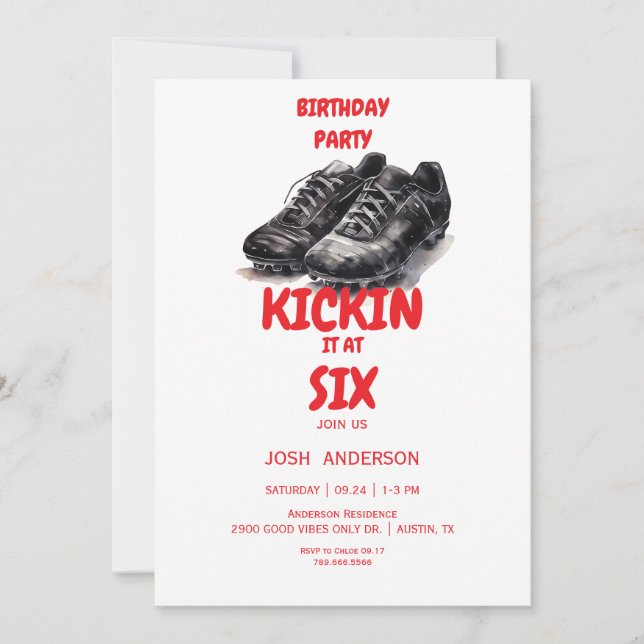 Invitación Red Kickin it Soccer Birday Party (Anverso)