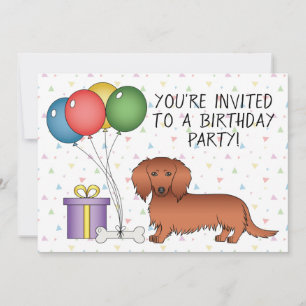 Invitación Red Long Hair Dachshund Cartoon Dog Birday Party