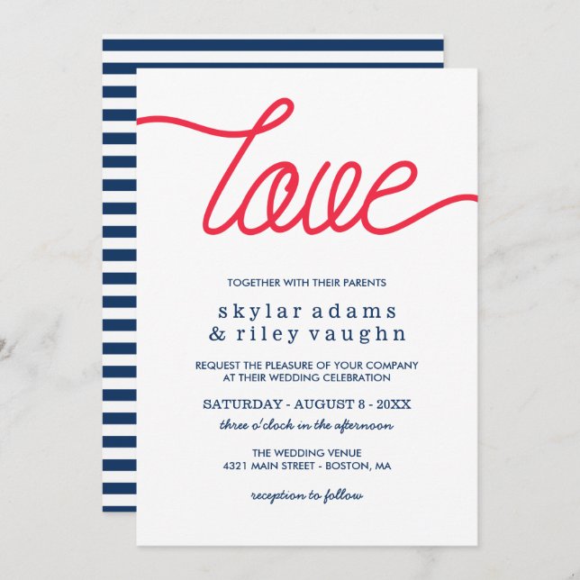 Invitación Red Love Preppy Blue Boda (Anverso / Reverso)