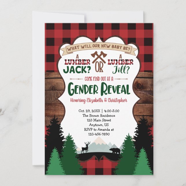 Invitación Red Lumberjack Gender Revelan Baby Shower (Anverso)