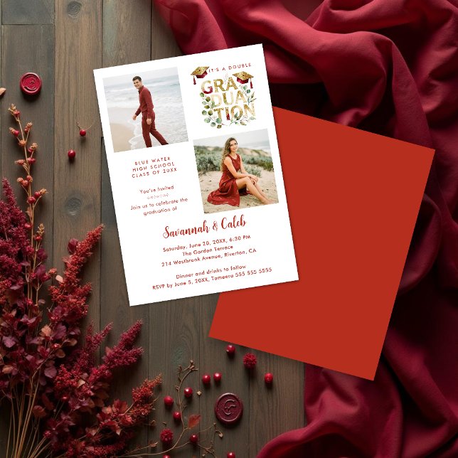 Invitación Red Luxury Glitter Siblings Twins Grads TMF26 (Luxury red and gold glitter faux effect siblings graduation invitation featuring double photos.)