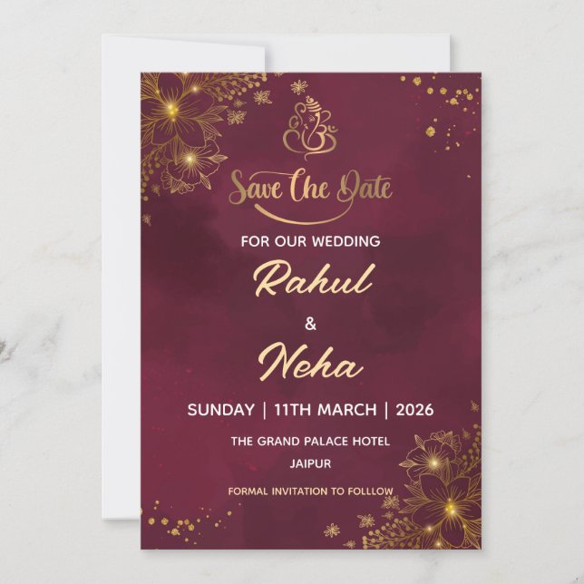 Invitación Red Luxury Indian Save the Date Card (Anverso)