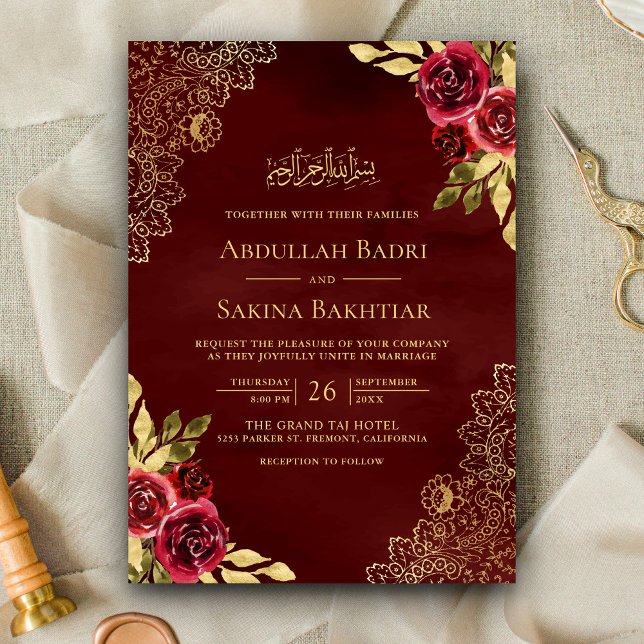 Invitación Red Maroon Floral Gold Lace QR Código musulmán Bod (Subido por el creador)