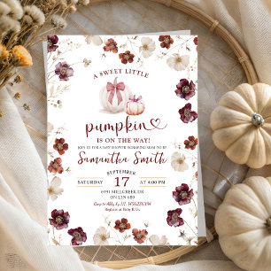 Invitación Red Marsala Autumn Wildflower Pumpkin Baby Shower