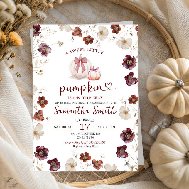 Invitación Red Marsala Autumn Wildflower Pumpkin Baby Shower (Subido por el creador)