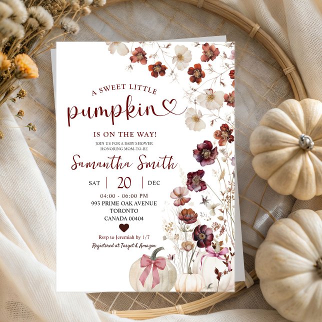 Invitación Red Marsala Pumpkin Autumn Wildflower Baby Shower (Subido por el creador)