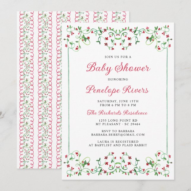 Invitación Red Meadow Floral Grandmillennial Baby Shower (Anverso / Reverso)