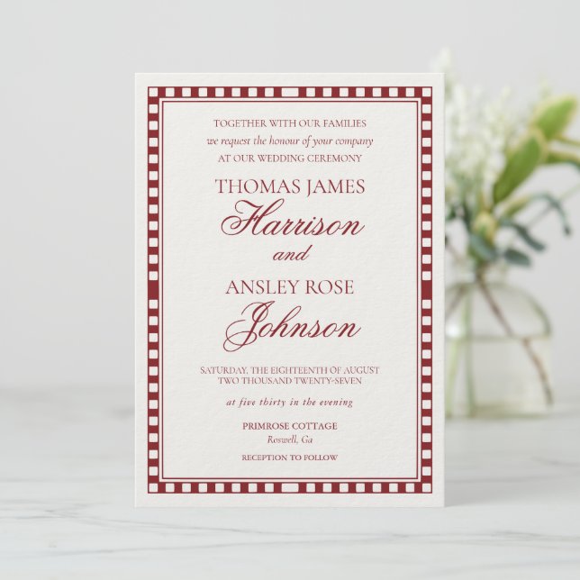 Invitación Red Merlot Harlequin Checkered Wedding (Anverso de pie)