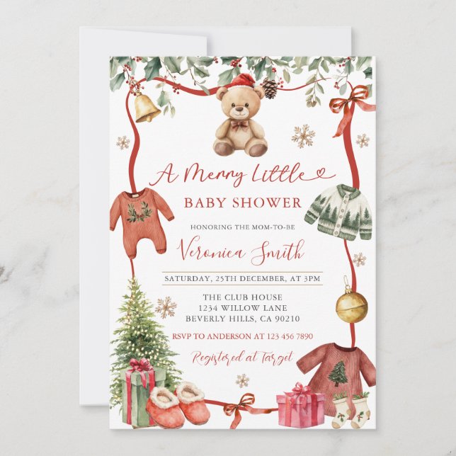 Invitación Red Merry Little Winter Christmas Baby Shower Invi (Anverso)