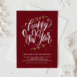 Invitación Red Modern Calligraphy and Wreath New Year Party