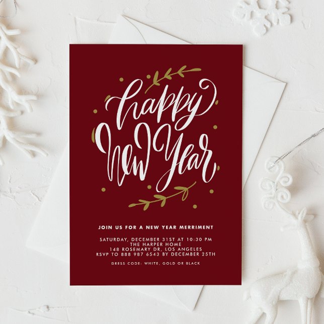 Invitación Red Modern Calligraphy and Wreath New Year Party (Customizable burgundy New Year party invitation featuring modern calligraphy and foliage wreath.)
