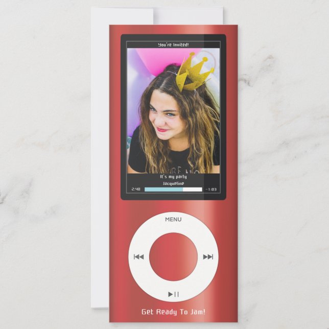 Invitación Red MP3 Music Player II Birthday (Anverso)